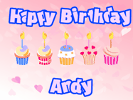 Happy Birthday Andy GIF: Pink animated birthday gif with 5 cupcakes and candles and animated text you can customize with name.
