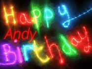 Happy Birthday Andy GIF: Flashing neon happy birthday gif with a name you can customize. The Happy Birthday is colourful.