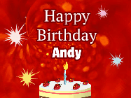 Happy Birthday Andy GIF: A bright red happy birthday gif animated with a cake candle, and glitter and sparkles. Customize with name.