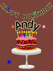 Happy Birthday Andy GIF: Animated birthday gif of a chocolate cartoon cake and stars. Animated text can be customized with name.