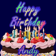 Happy Birthday Andy GIF: A dark blue birthday gif with a beautiful cake with flickering candles, background sparkles and a name to customize.