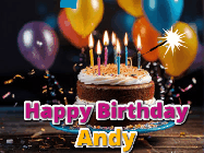 Happy Birthday Andy GIF: A birthday cake with flickering candles gif with text reading Happy Birthday and a Name slot to customize