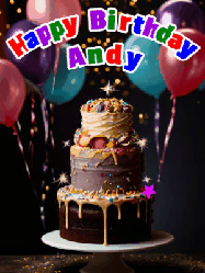 Happy Birthday Andy GIF: Beautiful birthday cake animated gif, a celebration of balloons, confetti, and sparklers. Customize banner and name.