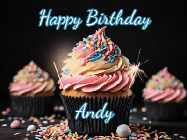Happy Birthday Andy GIF: A delicious cupcake gif with animated sparkles reading Happy Birthday with a name to customize