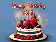 Happy Birthday Andy GIF: Animated GIF of a birthday cake covered in berries with 2 sparklers and a candle, reads Happy Birthday Name. Customize it.