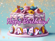Happy Birthday Andy GIF: A beautiful birthday cake gif with animated sparkles and glitter Happy Birthday Name you can customize