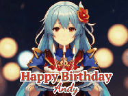 Happy Birthday Andy GIF: Anime girl holding a birthday cake and an animated sword falls into it. Text reads Happy Birthday Customize