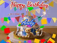 Happy Birthday Andy GIF: Happy Birthday Cake GIF with a cat, lamb, and squirrel on the cake with flickering candles, a sparkler, and falling confetti. Reads Happy Birthday Name and you can customize the name