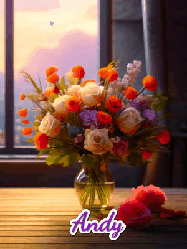 Happy Birthday Andy GIF: A vase of flowers and animated hearts pop in and out as the words Happy Birthday Name appears that you can customize