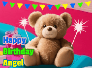 Happy Birthday Angel GIF: A cute birthday teddy bear animated birthday gif with the bear holding sparklers and text to customize.