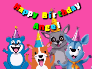 Happy Birthday Angel GIF: Four cute cartoon animal friends excited to be on this happy birthday gif that's ready to customize.