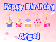 Happy Birthday Angel GIF: Pink animated birthday gif with 5 cupcakes and candles and animated text you can customize with name.