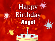 Happy Birthday Angel GIF: A bright red happy birthday gif animated with a cake candle, and glitter and sparkles. Customize with name.