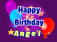 Happy Birthday Angel GIF: A lovely purple birthday gif animated with moving text, a balloon, and bubbles. Customize it.