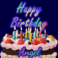 Happy Birthday Angel GIF: A dark blue birthday gif with a beautiful cake with flickering candles, background sparkles and a name to customize.