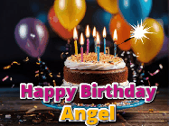 Happy Birthday Angel GIF: A birthday cake with flickering candles gif with text reading Happy Birthday and a Name slot to customize
