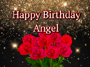 Happy Birthday Angel GIF: A beautiful birthday gif with a bouquet of flowers and animated hearts on a black and glitter background.