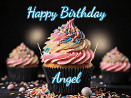 Happy Birthday Angel GIF: A delicious cupcake gif with animated sparkles reading Happy Birthday with a name to customize