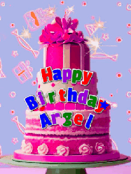Happy Birthday Angel GIF: A big beautiful birthday cake gif with falling confetti, sparklers, and balloons, reads Happy Birthday Name. Customize it.