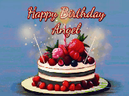 Happy Birthday Angel GIF: Animated GIF of a birthday cake covered in berries with 2 sparklers and a candle, reads Happy Birthday Name. Customize it.