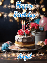 Happy Birthday Angel GIF: Sparkles and glitter happy birthday gif with a cake and flickering candles and sparklers behind the words happy birthday customize