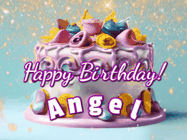 Happy Birthday Angel GIF: A beautiful birthday cake gif with animated sparkles and glitter Happy Birthday Name you can customize