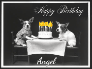 Happy Birthday Angel GIF: Vintage animated birthday card gif with name, flickering candles, birthday cake, and 2 dogs sitting at the table.
