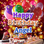 Happy Birthday Angel GIF: Animated happy birthday gif on a bright red glittery background and 3 lines of text reading Happy Birthday Customize