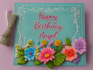Happy Birthday Angel GIF: Animated Birthday GIF as a colorful birthday card reading Happy Birthday Name and flower petals floating past.