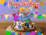 Happy Birthday Angel GIF: Happy Birthday Cake GIF with a cat, lamb, and squirrel on the cake with flickering candles, a sparkler, and falling confetti. Reads Happy Birthday Name and you can customize the name