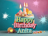 Happy Birthday Anita GIF: A colorful animated Happy Birthday Cake GIF with swirling sparkles and flickering candles. It reads Happy Birthday Name