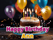 Happy Birthday Ann GIF: A birthday cake with flickering candles gif with text reading Happy Birthday and a Name slot to customize