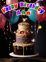 Happy Birthday Ann GIF: Beautiful birthday cake animated gif, a celebration of balloons, confetti, and sparklers. Customize banner and name.