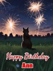 Happy Birthday Ann GIF: An animated gif at night showing the backside of a sitting cat who watches sparkle and fireworks over a meadow. Customize name and happy birthday.