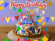 Happy Birthday Ann GIF: Happy Birthday Cake GIF with a cat, lamb, and squirrel on the cake with flickering candles, a sparkler, and falling confetti. Reads Happy Birthday Name and you can customize the name