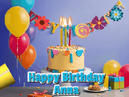 Happy Birthday Anna GIF: Happy birthday cake animated gif with flickering candles, balloons, confetti, and text to customize.