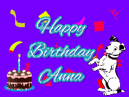 Happy Birthday Anna GIF: Silly happy birthday gif with a cute dog in a corner and rainbow animation confetti. Birthday cake in order with candle.