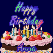 Happy Birthday Anna GIF: A dark blue birthday gif with a beautiful cake with flickering candles, background sparkles and a name to customize.