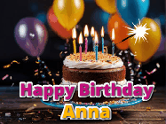 Happy Birthday Anna GIF: A birthday cake with flickering candles gif with text reading Happy Birthday and a Name slot to customize