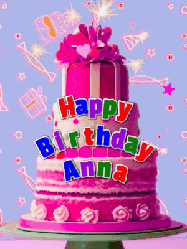 Happy Birthday Anna GIF: A big beautiful birthday cake gif with falling confetti, sparklers, and balloons, reads Happy Birthday Name. Customize it.