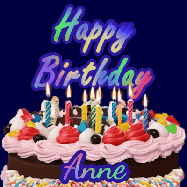 Happy Birthday Anne GIF: A dark blue birthday gif with a beautiful cake with flickering candles, background sparkles and a name to customize.