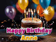 Happy Birthday Anne GIF: A birthday cake with flickering candles gif with text reading Happy Birthday and a Name slot to customize
