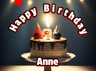 Happy Birthday Anne GIF: Animated happy birthday gif with a cake and flickering candles with colorful falling confetti and text reading Happy Birthday