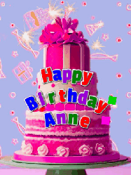 Happy Birthday Anne GIF: A big beautiful birthday cake gif with falling confetti, sparklers, and balloons, reads Happy Birthday Name. Customize it.