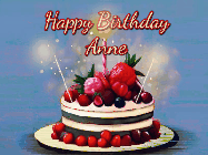 Happy Birthday Anne GIF: Animated GIF of a birthday cake covered in berries with 2 sparklers and a candle, reads Happy Birthday Name. Customize it.