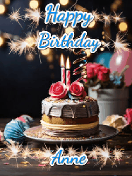 Happy Birthday Anne GIF: Sparkles and glitter happy birthday gif with a cake and flickering candles and sparklers behind the words happy birthday customize