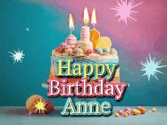 Happy Birthday Anne GIF: A colorful animated Happy Birthday Cake GIF with swirling sparkles and flickering candles. It reads Happy Birthday Name