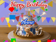 Happy Birthday Anne GIF: Happy Birthday Cake GIF with a cat, lamb, and squirrel on the cake with flickering candles, a sparkler, and falling confetti. Reads Happy Birthday Name and you can customize the name