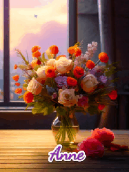 Happy Birthday Anne GIF: A vase of flowers and animated hearts pop in and out as the words Happy Birthday Name appears that you can customize