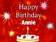 Happy Birthday Annie GIF: A bright red happy birthday gif animated with a cake candle, and glitter and sparkles. Customize with name.